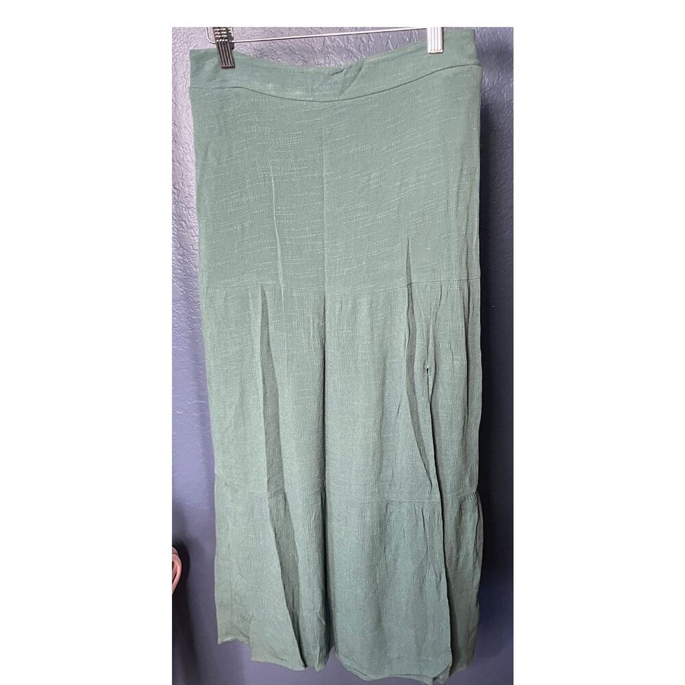 Nine West Teal Green Tiered Midi Skirt Elastic Waist Flowy Side Slit Rayon Small